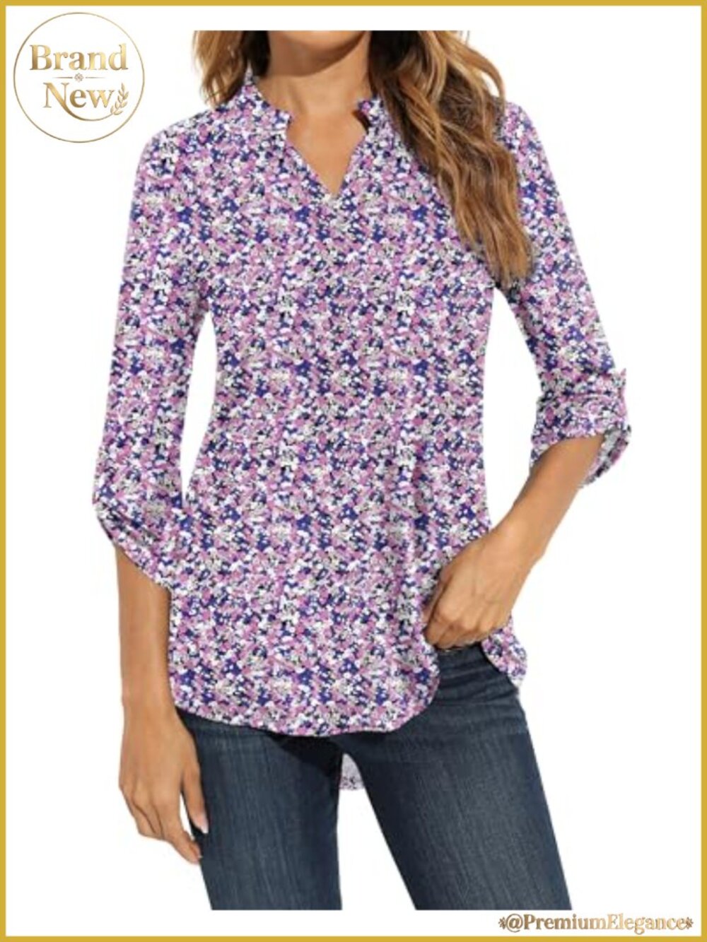 Floral Tunic Top 3/4 Roll Sleeve Notch Neck Loose Fit Blouse